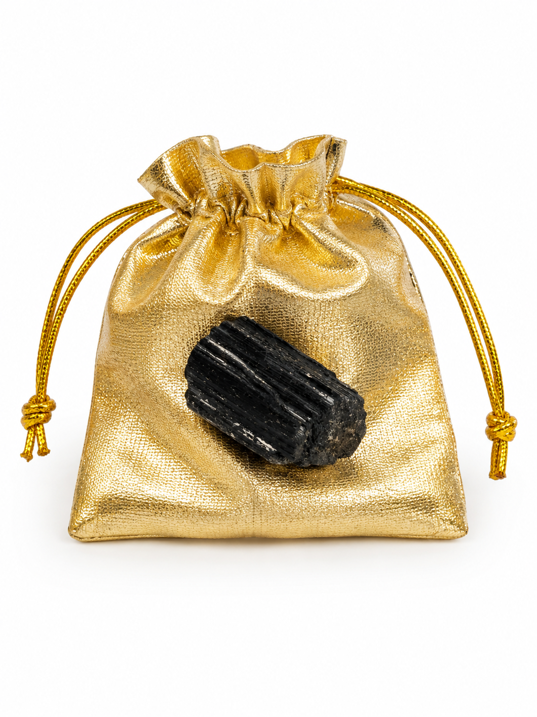 Turmalina negra natural en bruto con saquito dorado