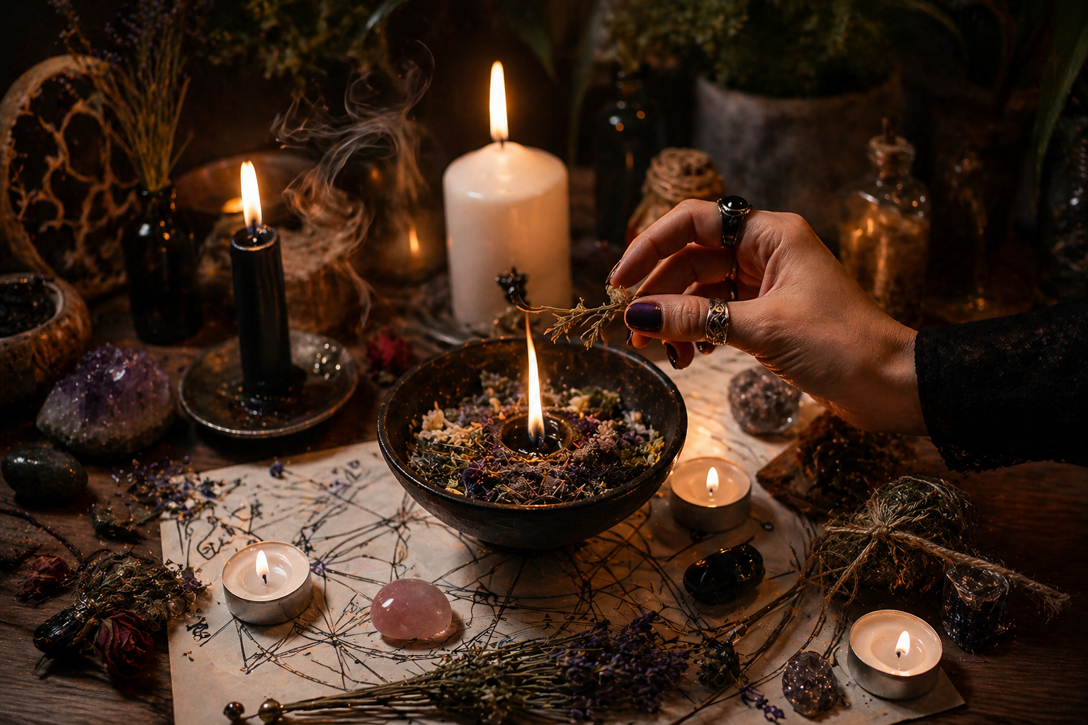 ritual esotérico con velas y energía en un altar espiritual