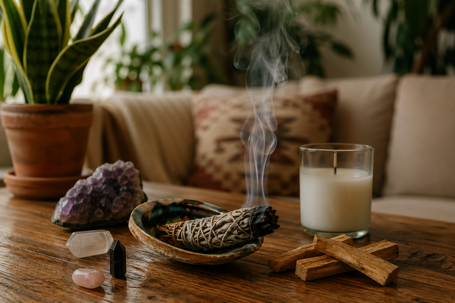 limpieza energética en casa con palo santo, vela y minerales en un ambiente espiritual