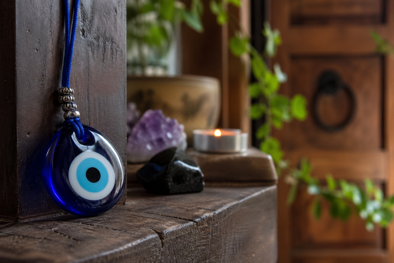 protección del hogar con ojo turco y elementos energéticos en una entrada