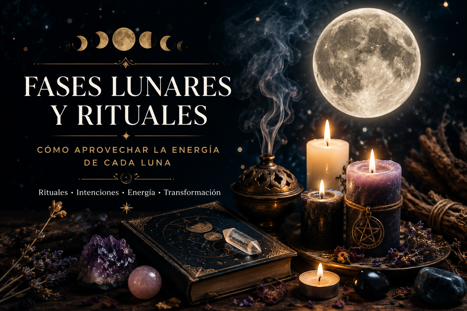 Fases lunares y rituales esotéricos con velas, luna llena y energía espiritual