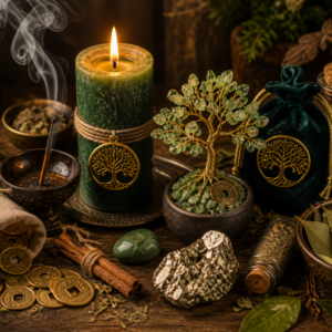 Ritual de abundancia con vela, incienso, pirita y árbol del dinero para atraer prosperidad