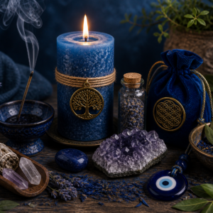Ritual de salud y bienestar con vela azul, incienso y piedras energéticas para equilibrio y relajación