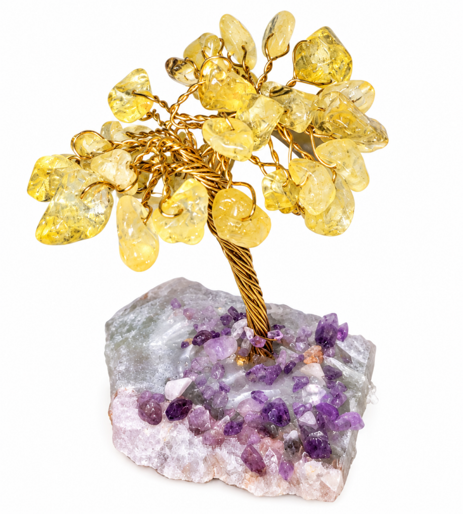 Árbol de citrino con base de amatista de 7-8 cm, decoración esotérica de abundancia y prosperidad.