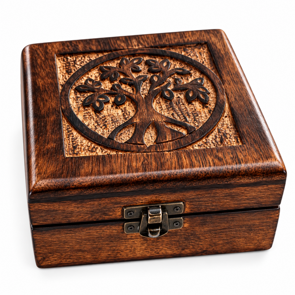 Caja de madera Árbol de la Vida tallada a mano