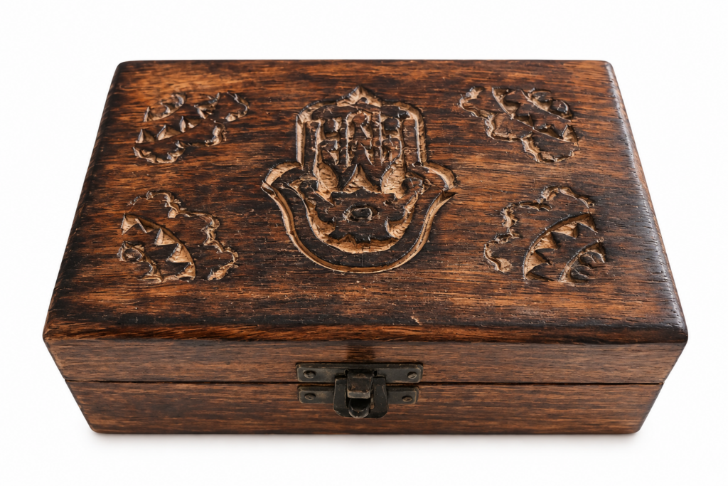 Caja de madera Mano de Fátima tallada a mano