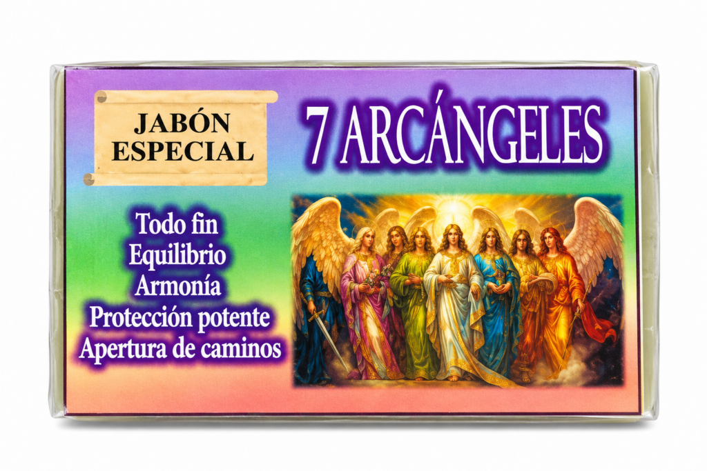 Jabón 7 Arcángeles Artesanal 120 g con etiqueta ilustrada de los siete arcángeles