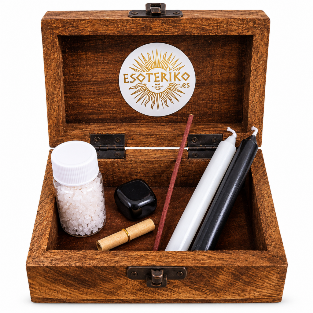 Ritualpack Halloween Esoteriko con caja de madera, velas negra y blanca, obsidiana, sal, pergamino e incienso