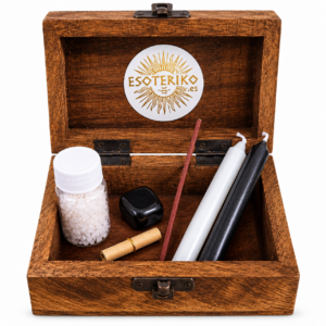 Ritualpack Halloween Esoteriko con caja de madera, velas negra y blanca, obsidiana, sal, pergamino e incienso
