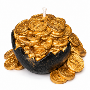 Vela Cofre del Dinero con forma de caldero negro y monedas doradas para rituales de abundancia