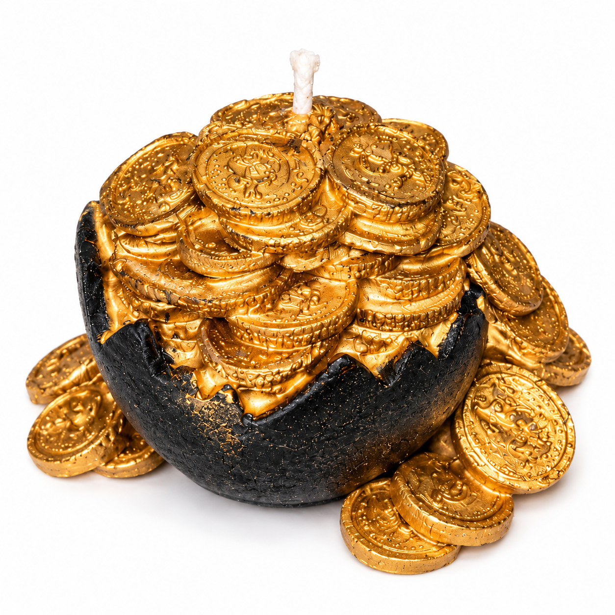 Vela Cofre del Dinero con forma de caldero negro y monedas doradas para rituales de abundancia