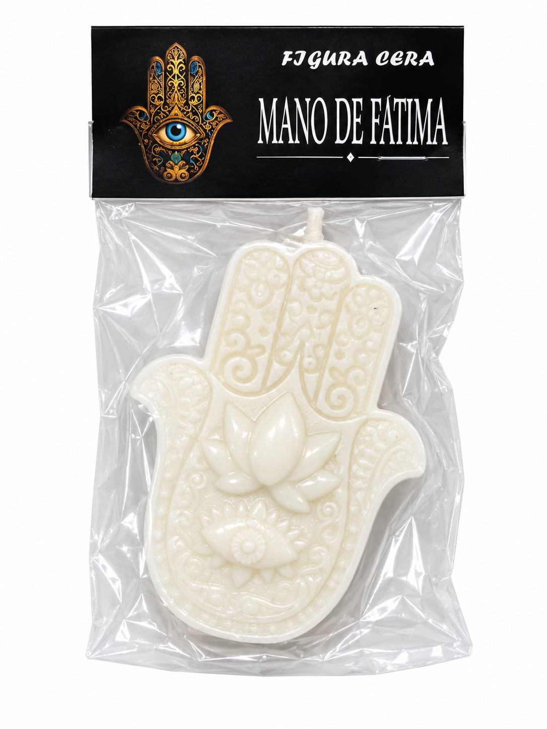 Vela Mano de Fátima blanca con embalaje